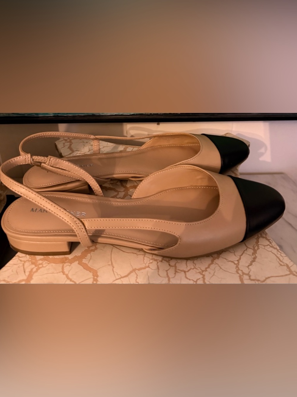 Marc Fisher Two-Tone Nude and Black Slingback Flats